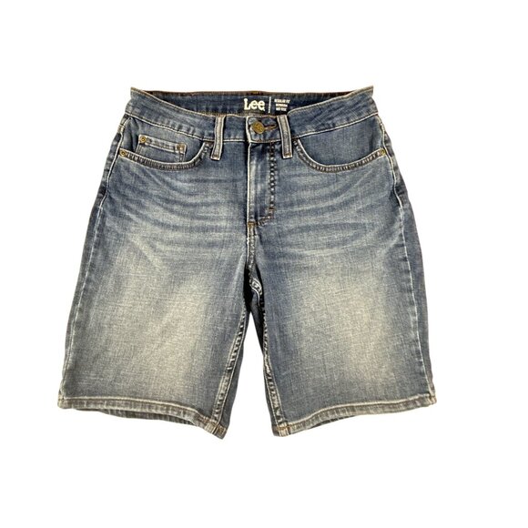 Lee Relaxed Fit Bermuda Mid Rise Denim Shorts Mens Size 34 Blue Distressed Jean - Picture 1 of 9
